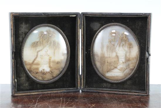 A pair of 19th century French oval memorial hair work pictures, each plaque 4 x 3.25in.